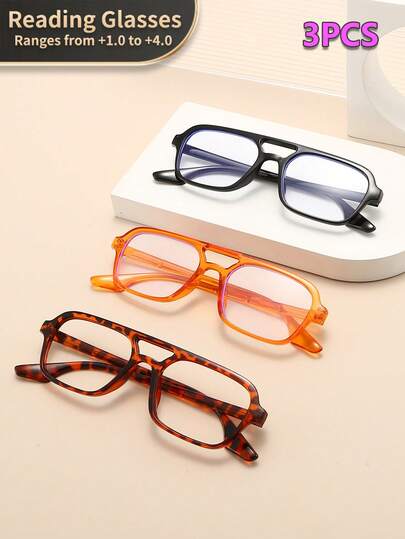 LiMiaoMiao 3pcs Rectangular Double-Bridge Reading Glasses, Vintage Style, Clear Lens, Computer/Reading Glasses For Men & Women, Magnification +1.0 To +3.5