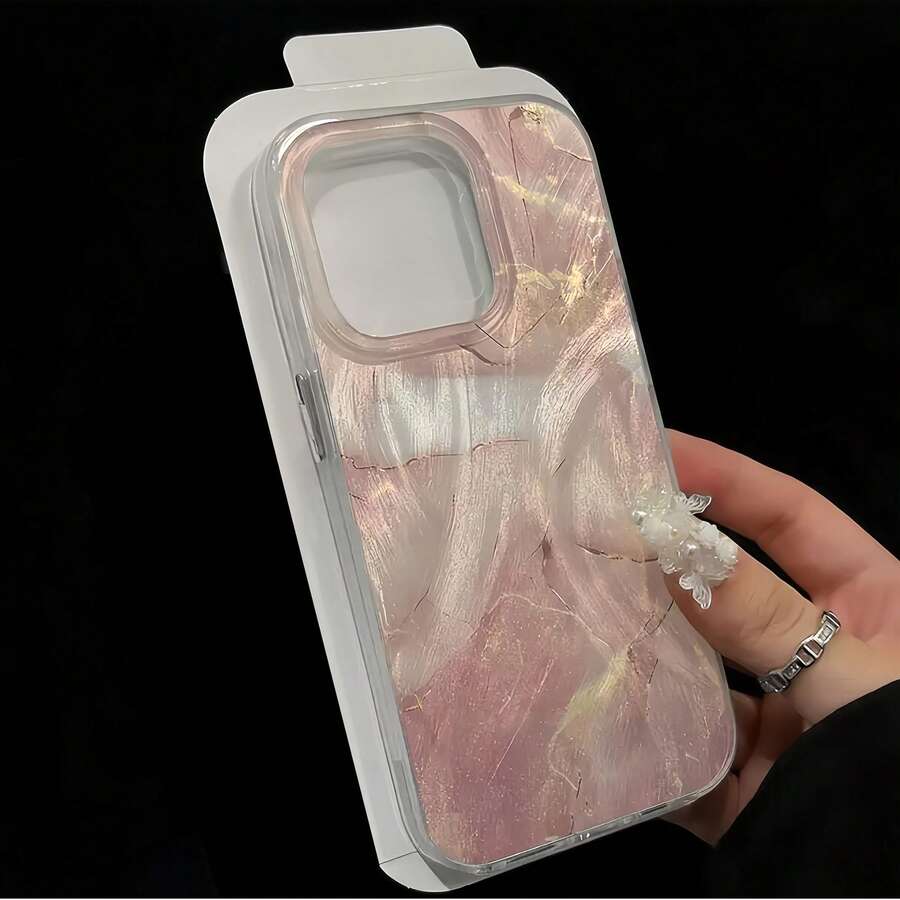 Elegant Pink Faux Stone Texture High-End TPU Design Phone Case Compatible With IPhone 16 PROMAX, Acrylic Anti-Fall Full Protection Cover Compatible With Apple 15/14/13P/12/11/7/8P/X/XR/XSMAX, Stylish Waterproof Shockproof Scratch Resistant - Multicolor - View 1