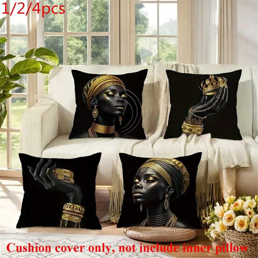 1/2/4 Stücke wählbar, moderne afrikanische Frau Familie Kissenbezüge aus Polyester, 45x45cm, goldene schwarze Farbe, mit Reißverschluss, bequeme Dekokissenbezüge im Landhausstil, (ohne Kissenfüllung)