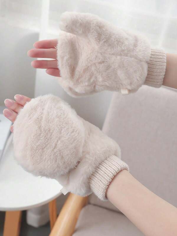 1 Pair Women's Mibeige Fingerless Gloves, Fleece Lined Warm Winter Gloves With Flip-Top, Suitable For Daily Use In Winter