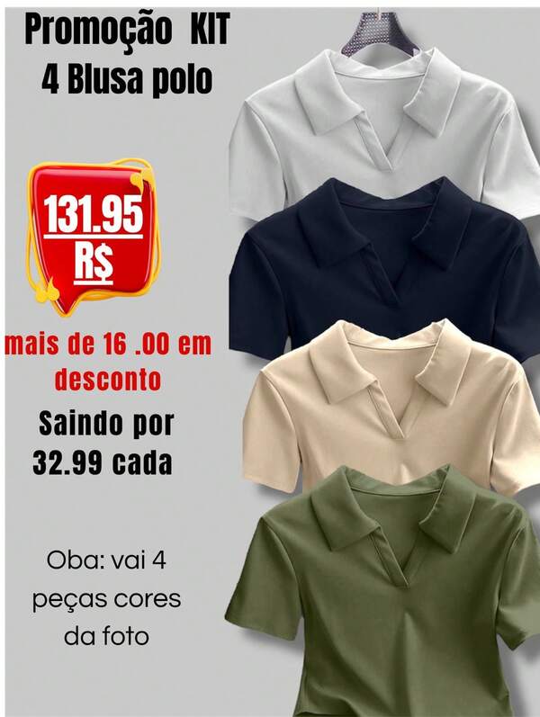 Camisa Gola polo Feminina Manga curta Algodão Cropped  Moda Gringa Elegante