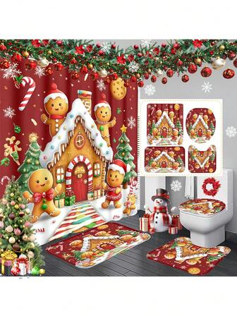 1pc/4pcs Christmas Gingerbread House Theme Shower Curtain Set, Elegant Housewarming Shower Curtain Gift, Modern Home Bathroom Decor Curtain, Shower Curtain With 12 Hooks, Non-Slip Bath Mat, Toilet U-Shaped Mat, Toilet Lid Cover, Bathroom Decor Set