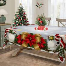 1pc Christmas Snowman & Sleigh "Merry Christmas" Tablecloth, Holiday Scene Decor, Durable Polyester Tablecloth Suitable For Daily Family Gatherings, Living Room, Dining Room, Christmas Themed Events