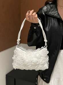 1 件白色花卉荷叶边手提包，高端奢华新娘婚纱派对晚会手拿包，1 件涤纶新月单肩包，优雅手提包适合女士派对 - 白色 - 查看 5