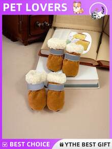 4只/套加厚保暖幼犬靴，防滑鞋，软底，保暖内衬，防风防寒，可调节反光带，适合秋冬季室内外穿着，适用于贵宾犬、比熊犬、博美犬、马尔济斯犬、吉娃娃犬及其他小型犬幼犬。