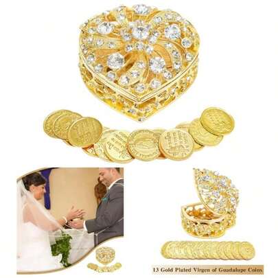 Wedding Arras Coins Set - Gold Heart Shaped Box With 13 Virgen Of Guadalupe Coins, Arras De Boda Cristiana, Wedding Accessories Ceremony