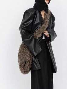 大容量毛绒通勤户外日常购物包，新款秋冬双面毛绒单肩包，羊毛斜挎单肩包 - 咖啡棕 - 查看 3