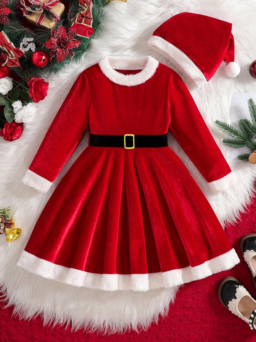 2pcs Girls Winter Plush Contrast Color Waistband Long Sleeve Elegant Christmas Dress & Hat Set