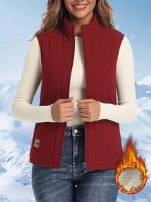 Chaleco reversible de mujer para otoño/invierno, con forro de borreguito, de doble cara y esponjoso, acolchado y engrosado, sin mangas, con cuello alto y abierto por delante. Una prenda exterior cálida y lista para capas, perfecta para looks diarios. - Rojo - Ver 2
