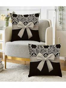 2件装现代黑白欧式图案蝴蝶结设计单面印花枕套，柔软涤纶面料，45厘米 x 45厘米，可机洗，适用于沙发、椅子、床、汽车、客厅、办公室装饰抱枕套（不含枕芯） - 黑色 - 查看 13