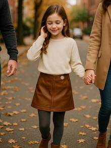 Girls And Toddler's Faux Leather Short Skirts,All Season Basic Skirts - 棕色 - 查看 3