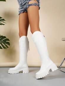 女士厚底圆头过膝长靴，后拉链设计，秋季时尚高端秋冬真皮骑马靴，派对靴 - 白色 - 查看 4