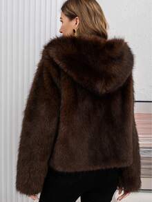 Women's Elegant Faux Fur Hooded Jacket, Warm Brown Long Sleeve Coat - Coffee Brown - View 10