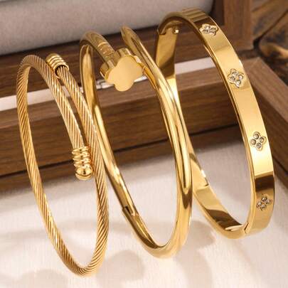 New Fashion High Quality Stainless Steel Flower Zirconia Women's Bangle Bracelet Jewelry Set, Suitable For Daily Wear