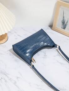 Fashionable Crocodile Embossed Baguette Shoulder Bag For Women - Navy Blue - View 4