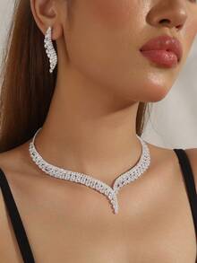 3 件女士奢华时尚珠宝套装：锆石项链 + 耳环，精致、闪亮、优雅、独特的配饰，适合婚礼、派对、节日 - 銀色 - 查看 1