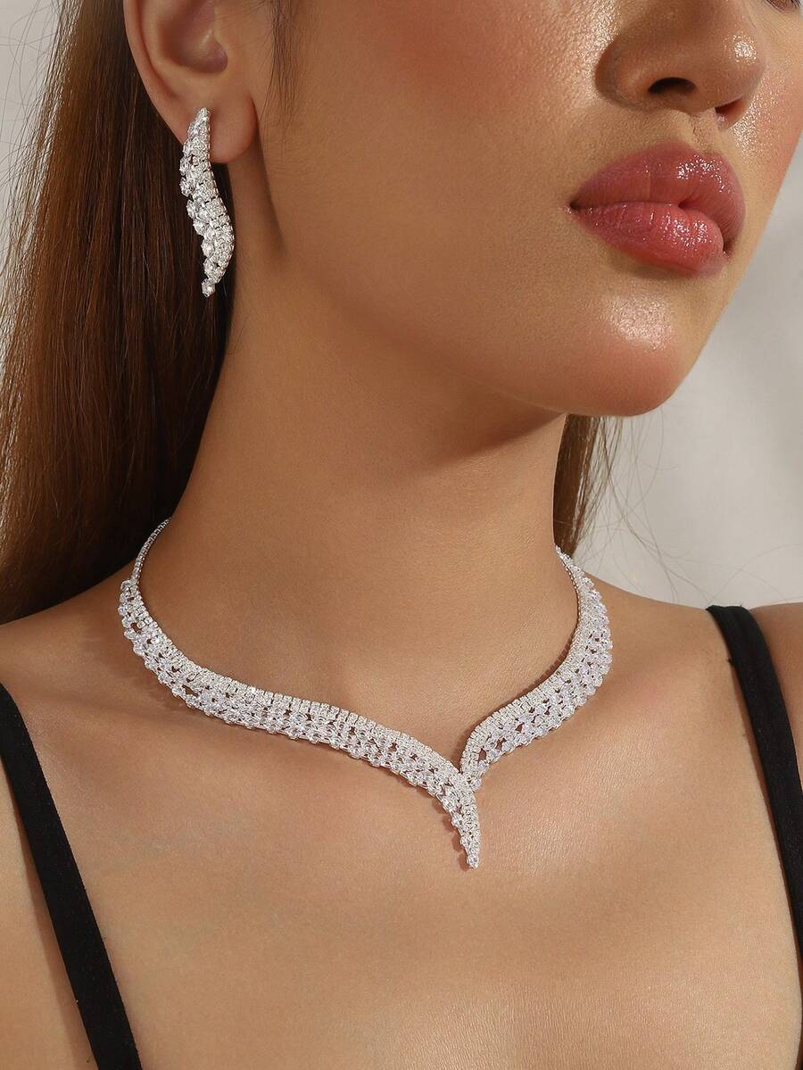 3 件女士奢华时尚珠宝套装：锆石项链 + 耳环，精致、闪亮、优雅、独特的配饰，适合婚礼、派对、节日 - 銀色 - 查看 1