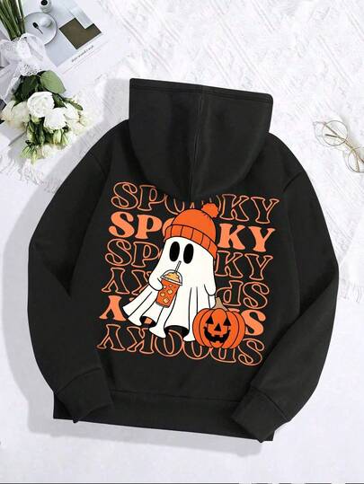 Teen Girl Lettered Pumpkin Patterned Printed Casual Hooded Sports Sweatshirt. New Style Suitable For Autumn And Winter. Suitable For Students To Wear When Shopping, Traveling Or Attending Parties