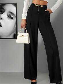 Pantalon femme à jambe ample de couleur unie avec pendentif chaîne métallique, style minimaliste mode, printemps/été - Noir - Voir 2