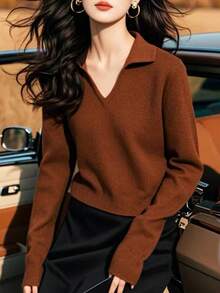 V-Neck Long Sleeve Knit Sweater For Women, New Stylish High-End Layering Or Standalone Top