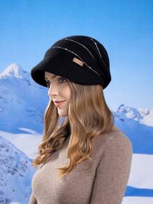 1pc Women's Winter Thick Knit Beanie Hat, Outdoor Warm Cuffed Ski Cap With Wide Brim, Flattering & Ear Warmer, Suitable For Maternity