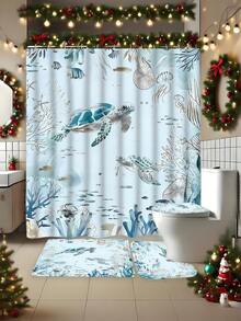 Ensemble de 4 pièces de rideau de douche de salle de bain avec motif tortue, comprenant un rideau de douche imperméable, un tapis de bain, un couvre-siège de toilette et un tapis en U - Ensemble de décoration de salle de bain lavable avec motif de dessin animé, cadeau de Noël et d'Halloween parfait pour les amis et la famille