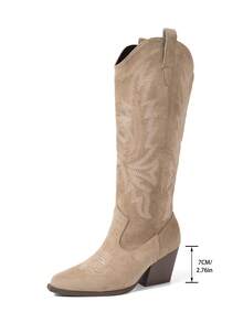 Fall/Winter New Fashion Versatile Faux Suede Pointed Toe Thick Heel Tall Boots, Embroidered Western Cowboy Boots, Suitable For Vacation, Western Style, Music Festival, Halloween, Christmas - Khaki - View 8