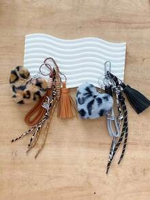 Leopard Print Fur Pom Pom Tassel Braided Rope Bag Charm, Bag Pendant Car Accessories For Woman
