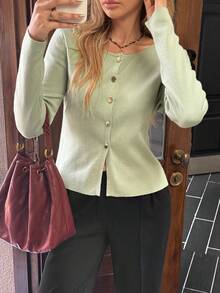 Live To Mo 秋季女装橄榄绿长袖开衫，饰有纽扣 - 商务休闲女装，适合办公室和日常穿着 - 綠色 - 查看 2