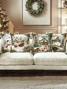 Zestaw 4 poduszek dekoracyjnych na Boże Narodzenie z 1 lub 4 elementami – nowoczesny nadruk z bałwanem, Świętym Mikołajem, reniferem i ostrokrzewem, 18 x 18 cali | Zapięcie na zamek błyskawiczny | Wytrzymały materiał poliestrowy | Nadaje się do salonów, pokoi, sof i sypialni (bez wypełnienia) Idealny na świąteczne dekoracje i przyjęcia