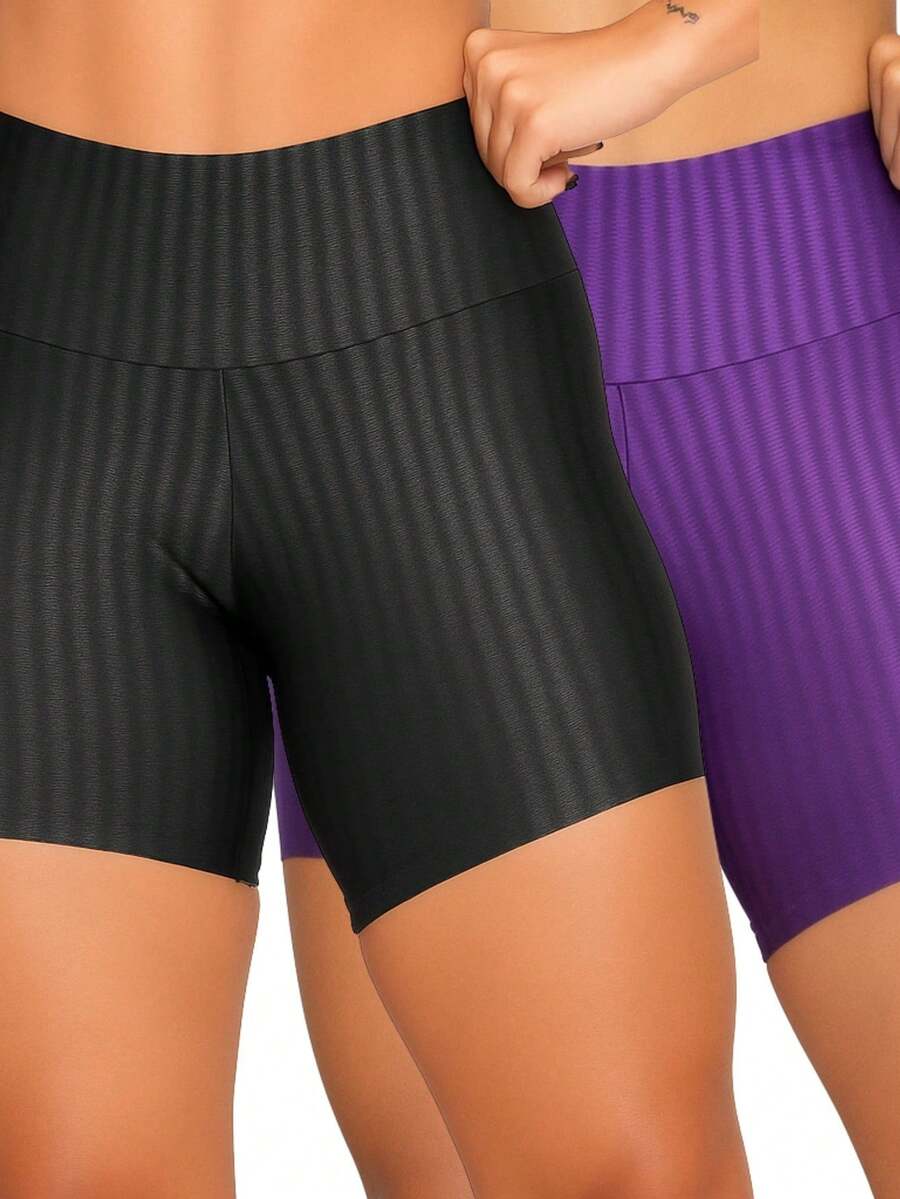 Women's 3D Basic Spring Summer Gym Shorts Kit - NEGRO+MORADO - Ver 1