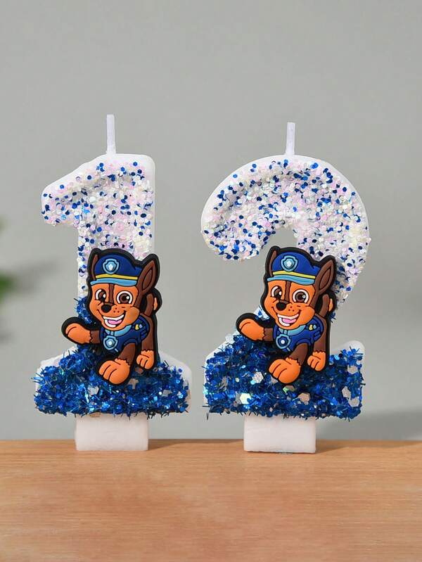 1 Stück Paw Patrol blaues Thema mit Chase Muster Geburtstagsdekoration, blaue Zahlenkerzen 0-9, Tortendekoration, blaue glitzernde kreative Geburtstagskerzen, geeignet für Weihnachten, Geburtstagsfeier und Geburtstagsdekorations-Geschenke