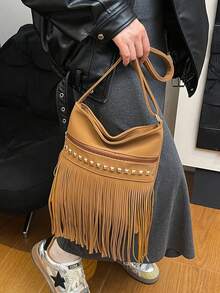 Large Capacity Fringed Rivet Decorated Envelope Bag, Fashionable American Style Crossbody Bag, Versatile Ins Shoulder Bag - Brown - View 5