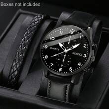 一套男士经典黑色罗马数字石英表，编织表带，商务/休闲黑色皮表带，适合日常佩戴、生日礼物、派对、节日聚会，是送给自己或朋友的理想礼物。不含包装盒。