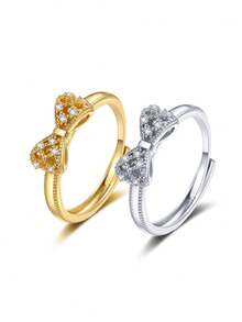 1 件精致简约蝴蝶结设计水钻镶嵌戒指适合女士日常佩戴情人节、妈妈、母亲、母亲节、礼物 - 銀色 - 查看 9