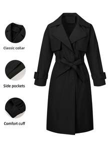 Risissida 女士经典秋季风衣，复古风格，设计简约，配有可调节腰带和实用口袋，非常适合通勤和分层穿着 - 黑色 - 查看 1