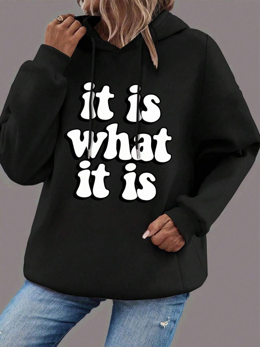 Slogan Graphic Drop Shoulder Drawstring Sweatshirt - Black - View 1