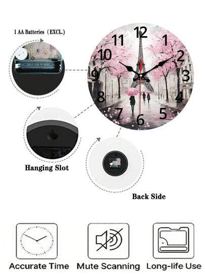 Eiffel Tower Paris Art Wand Klok Silent, 10 12 Inch, Wood Crafted Living Room, Bedroom, Office Battery Operated (AA Not Included) view 5