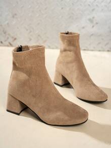 优雅女士短靴，新款秋季简约时尚百搭方头短筒粗跟踝靴，后拉链设计，适合派对场合，卡其色绒面革经典靴，高跟鞋