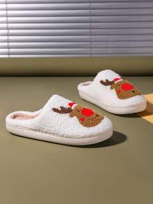 Warme und rutschfeste Hausschuhe für Herbst und Winter, Hausschuhe für Innenräume für Halloween, Weihnachten, Hirsch, Weihnachtsbaum, gestickte warme Hausschuhe