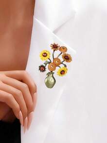 1pc Artistic Van Gogh Style Glazed Daisy Flower Brooch Pin, Unisex Sunflower Plant Suitable For Elegant Party Wear, Jewelry Gift For Friends