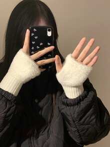 1/2/3/4 双女士纯色保暖针织露指手套，毛绒针织腕套，适用于触摸屏、办公室、学生写作、骑自行车、防冻 - 彩色 - 查看 4