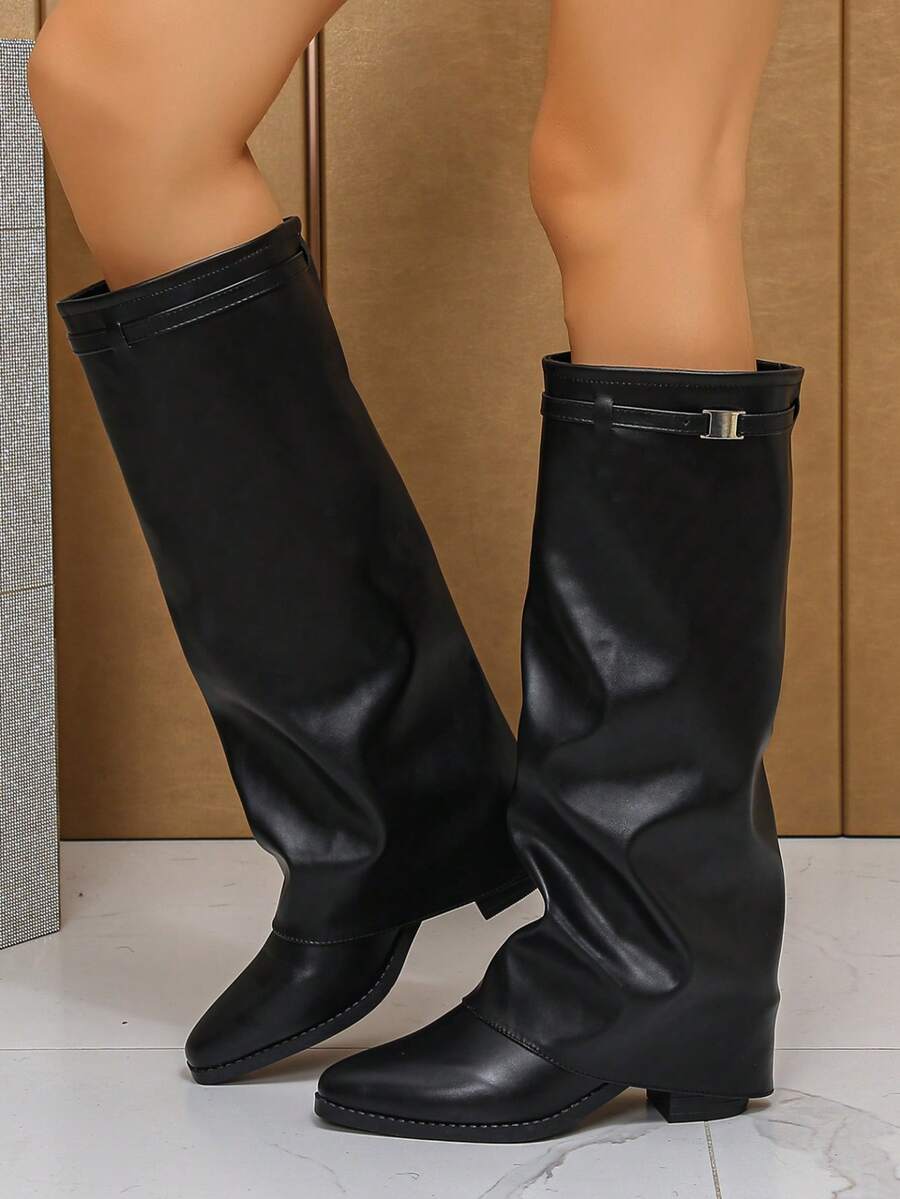 2025 Autumn/Winter New Wrinkled Pointed Toe Thick Heel Over-The-Knee Boots For Women, Slimming, Multi-Color