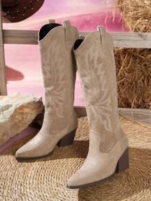 Fall/Winter New Fashion Versatile Faux Suede Pointed Toe Thick Heel Tall Boots, Embroidered Western Cowboy Boots, Suitable For Vacation, Western Style, Music Festival, Halloween, Christmas - Khaki - View 7