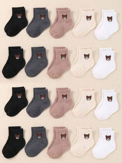 1/5/8/10 双纯色婴儿袜子，带小熊图案，适合男女童，新生儿必备舒适幼儿踝袜，黑白袜子，可爱婴儿袜子，适合休闲和春夏秋冬穿着