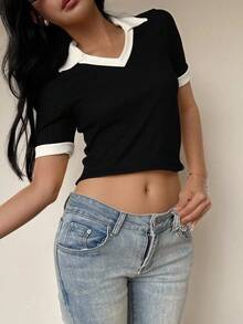 Playera camiseta tipo polo dama mujer casual crop top cuello puños contraste básica ceñida ajustada entallada acanalado cómoda fresca ligera diario moderna juvenil - Negro - Ver 3