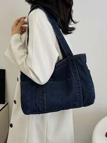 1pc High-Quality Blue Canvas Shoulder Bag, Large Capacity Commuting/Shopping Tote Bag, Minimalist Design Handbag For Women, Tote Bags For Students, Multiple Compartments, Perfect For Beach, School, Work & Daily Use