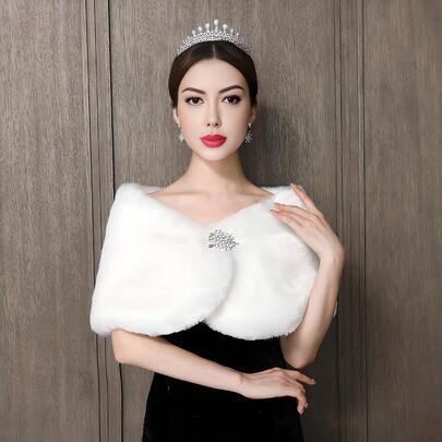 1 件百搭长款仿貂皮草保暖披肩白色斗篷，适合女士，冬季时尚新款新娘婚纱配饰，厚实保暖披肩斗篷单肩披风，带水钻装饰，女士秋装