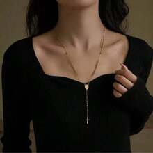 1pc Unisex Cross Pendant Necklace, Rosary Cross Y-Necklace, Fashionable Minimalist Cross Pendant Necklace, Couples Everyday Wear