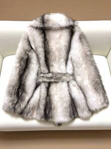 Damen Winter Colour-Blocking Mantel mit großem Kragen und mittlerer Länge, künstliches Fell, europäischer und amerikanischer Modestil, oversized künstlicher Fellmantel